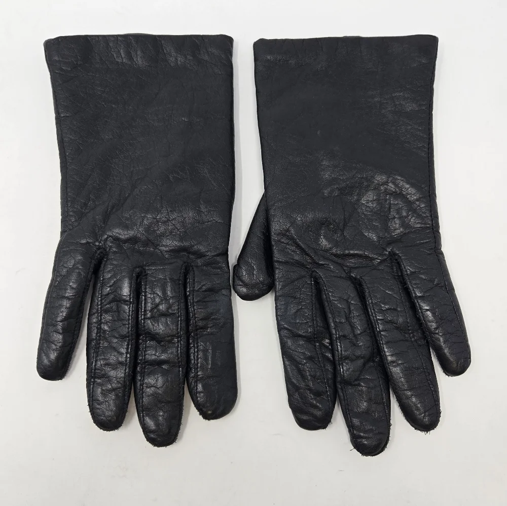 VINTAGE BLACK LEATHER GLOVES SET OF 2 GATES FLEECE LINED FAUX FUR TRIM WOMEN OS